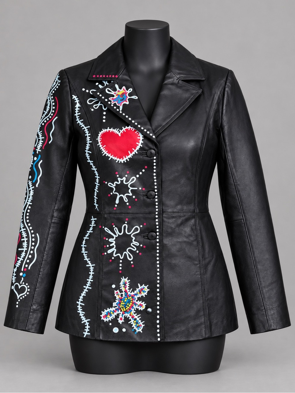 One of a Kind Hand Painted Black Leather Jacket Genuine Leather Abstract Heart